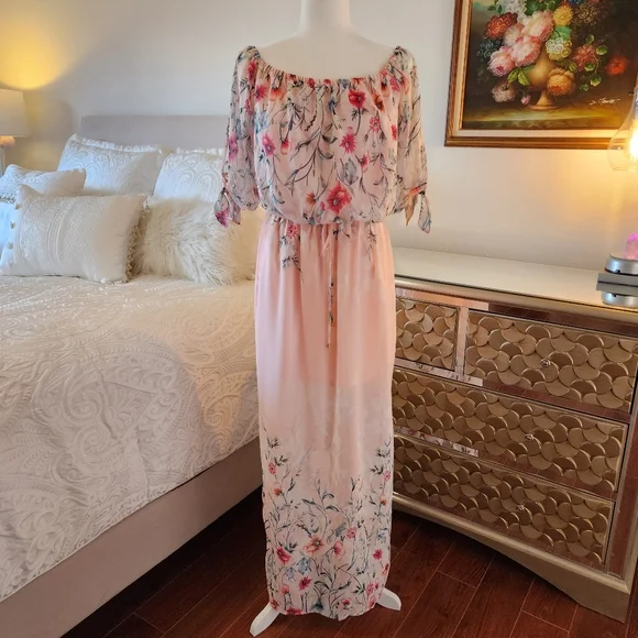 City Studio Empire Waist Sheer Floral Maxi Dress w Cold Shoulder Sleeves - Picture 1 of 8